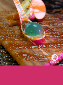 Caramel apple pearl shot with caramels, apple and drizzled sweet syrup